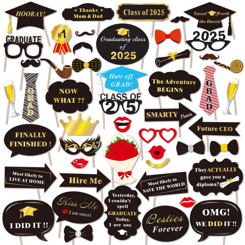 Konsait Graduation Photo Booth Props (50Count), Konsait Large Graduation Photo Props Class of 2025 Grad Decor with Sticks for Kids Boy Girl, Black and Gold, for Graduation Party Favors Supplies Decorations - Image 2